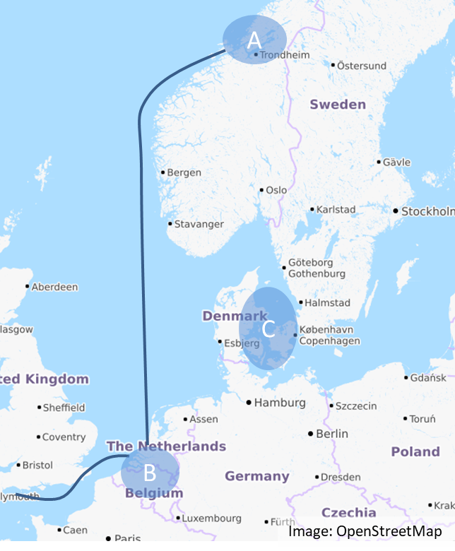 Kart som viser sjøforbindelse mellom Trondheim og Benelux, samt markering av Aalborg havn